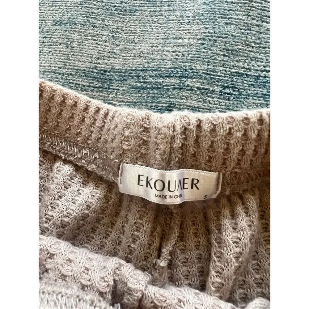 Ekouaer Mauve Beige Long Sleeve and Shorts Waffle Knit Pajamas Set Small